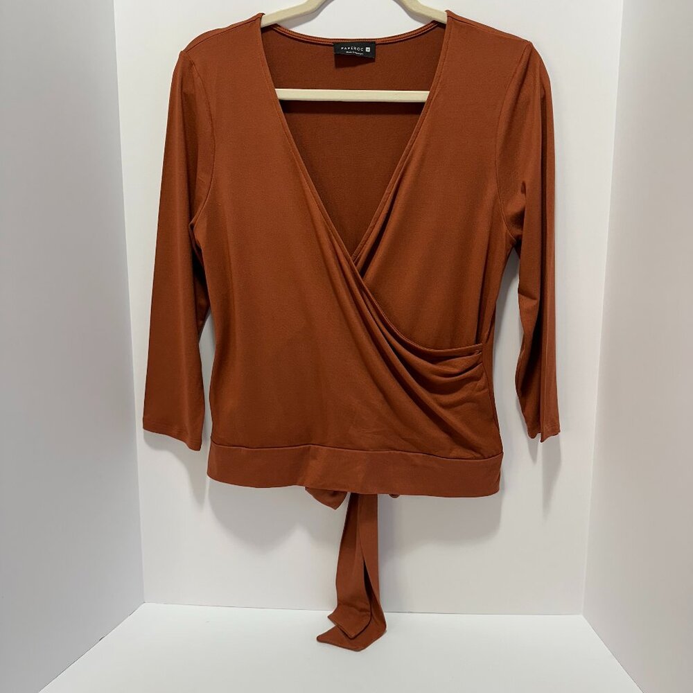 NWOT _ PAPEROC Women's 3/4 Sleeve Faux Wrap Pullover Top; Color:Rust; M (Medium)